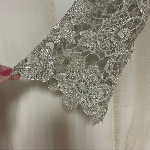 Marina Taupe And Silver Metallic Floral Lace Overlay Dress Sheer Sleeves Sz 12 - Picture 8 of 9